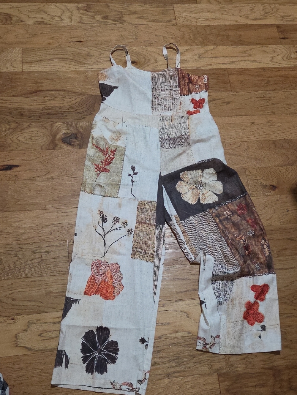 Boho Floral Patchwork Wide-Leg Jumpsuit - White & Brown